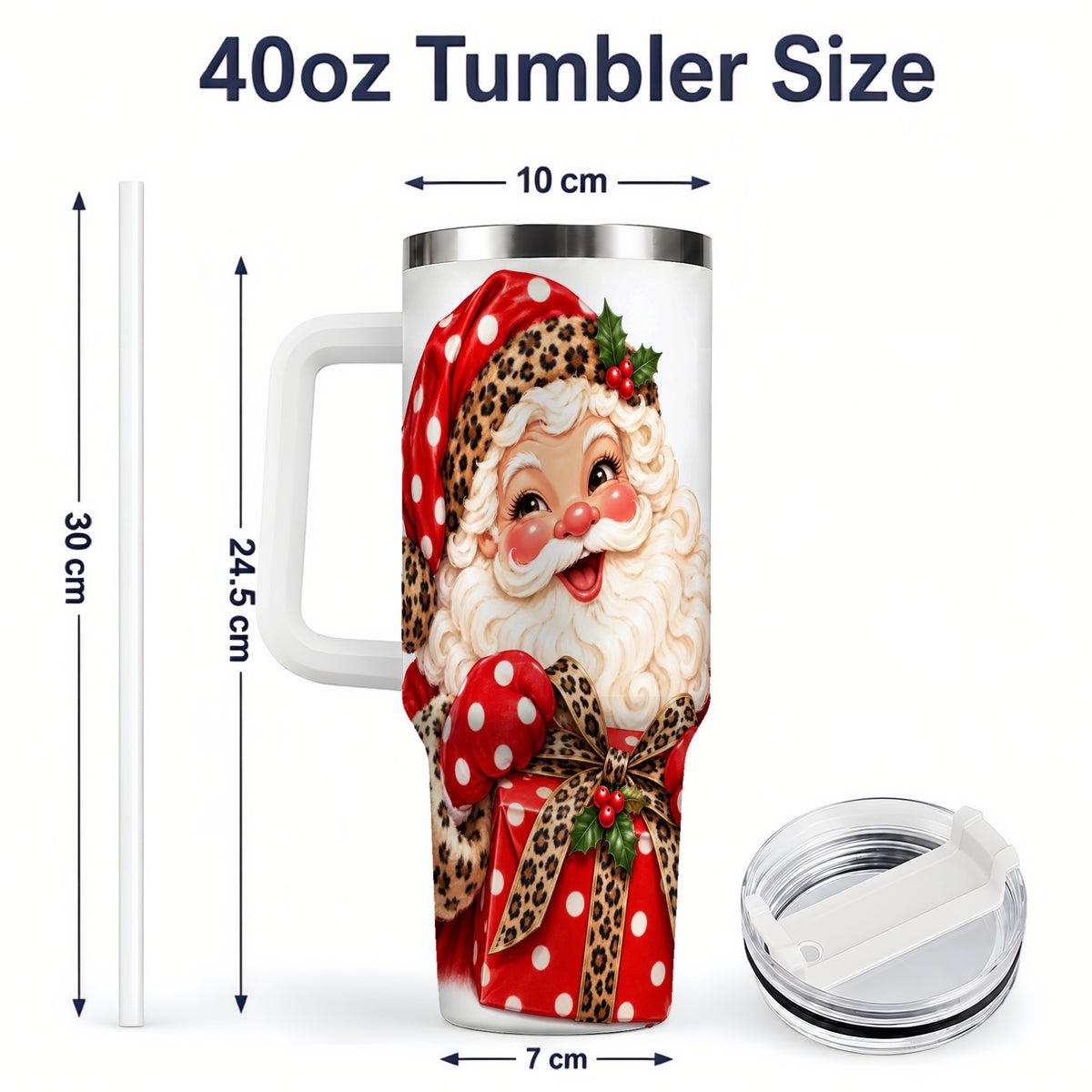 #pl[40oz|White] Leopard Print Santa Handled Tumbler, 40oz Christmas Drinkware