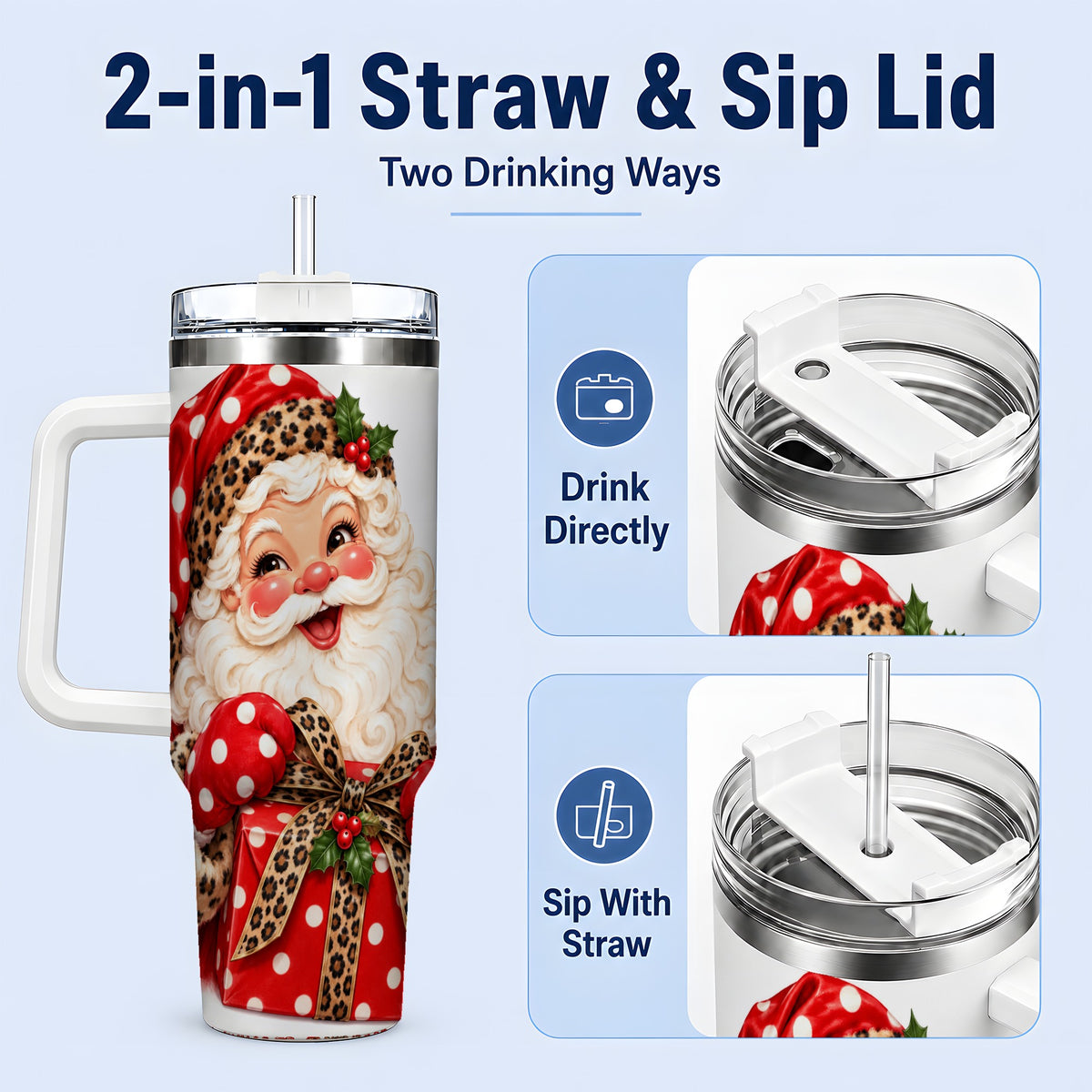 #pl[40oz|White] Leopard Print Santa Handled Tumbler, 40oz Christmas Drinkware