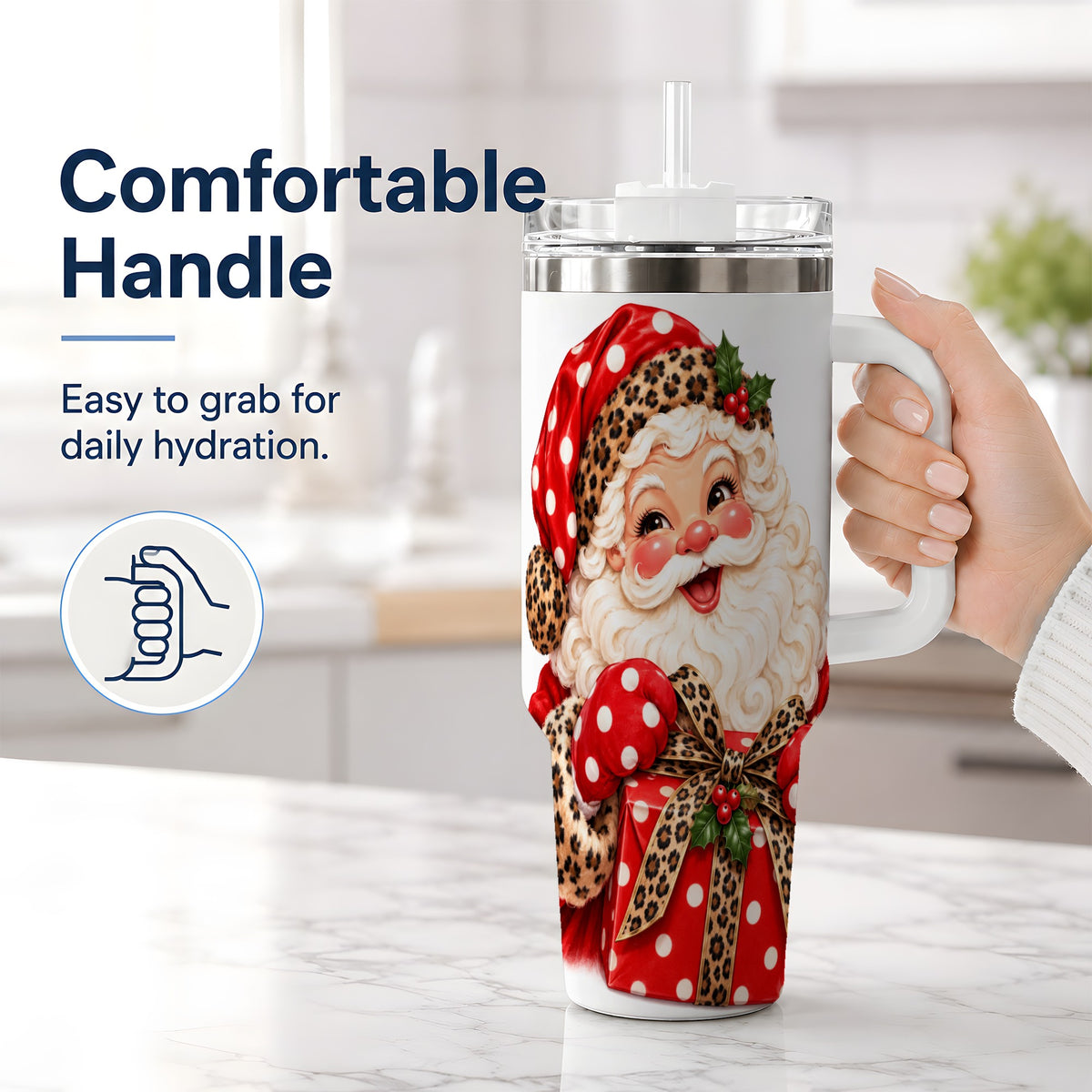 #pl[40oz|White] Leopard Print Santa Handled Tumbler, 40oz Christmas Drinkware