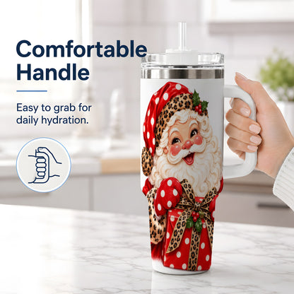 #pl[40oz|White] Leopard Print Santa Handled Tumbler, 40oz Christmas Drinkware