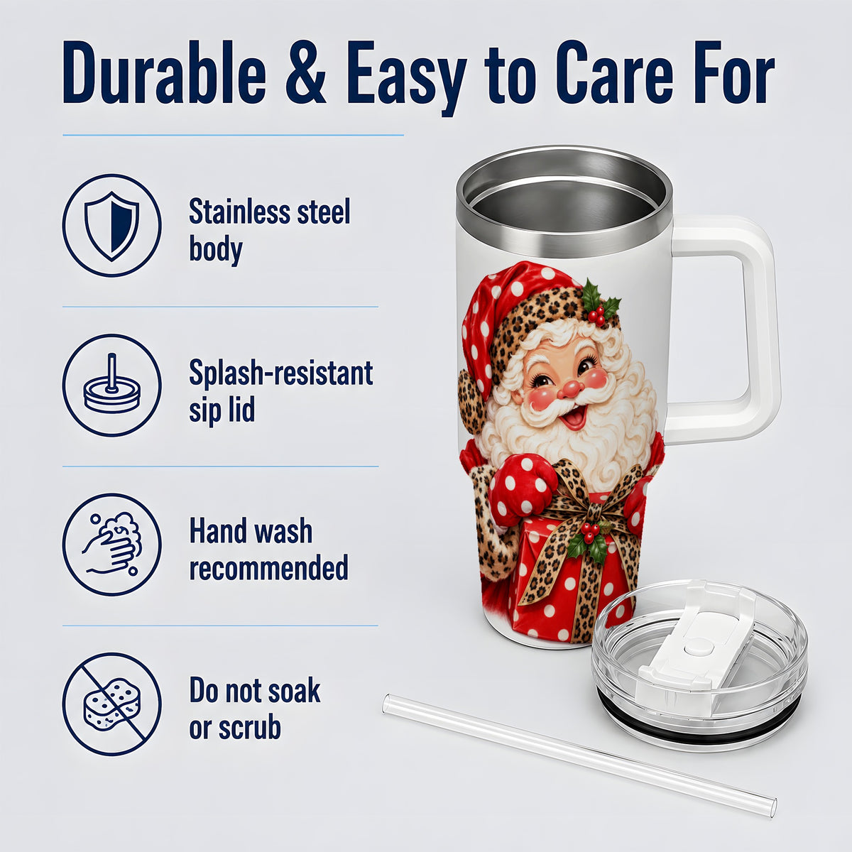Leopard Print Santa Handled Tumbler, 40oz Christmas Drinkware