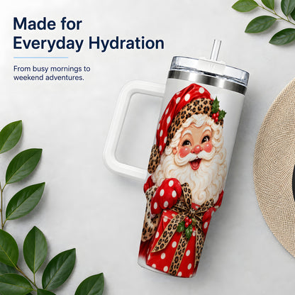 Leopard Print Santa Handled Tumbler, 40oz Christmas Drinkware