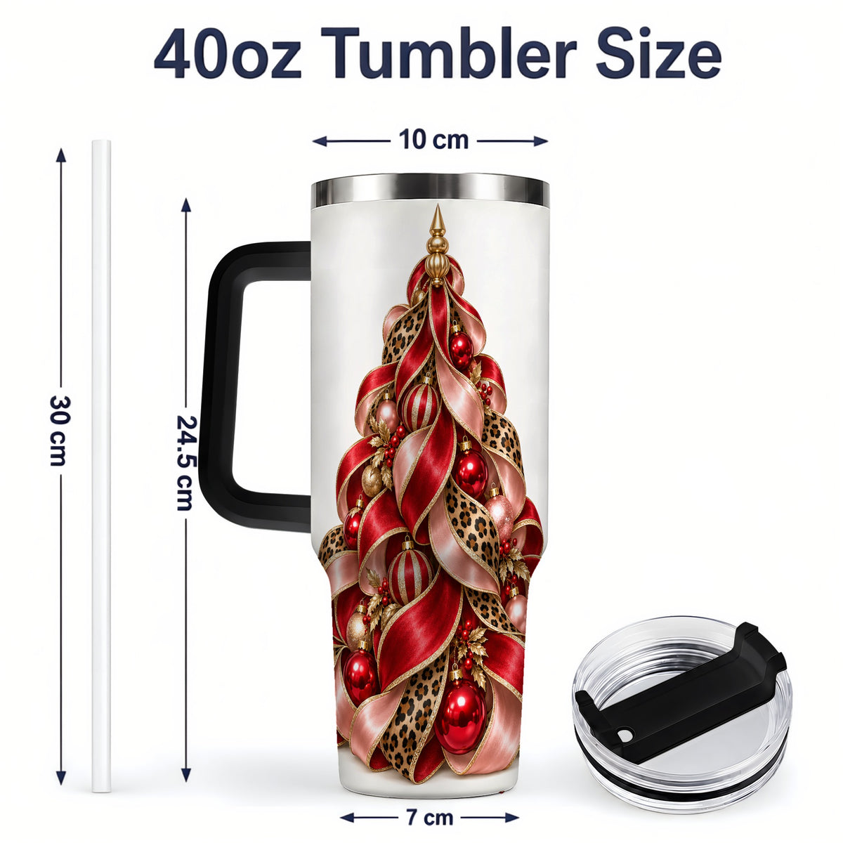 #pl[40oz|Black] Leopard Ribbon Christmas Tree Handled Tumbler, 40oz Holiday Drinkware