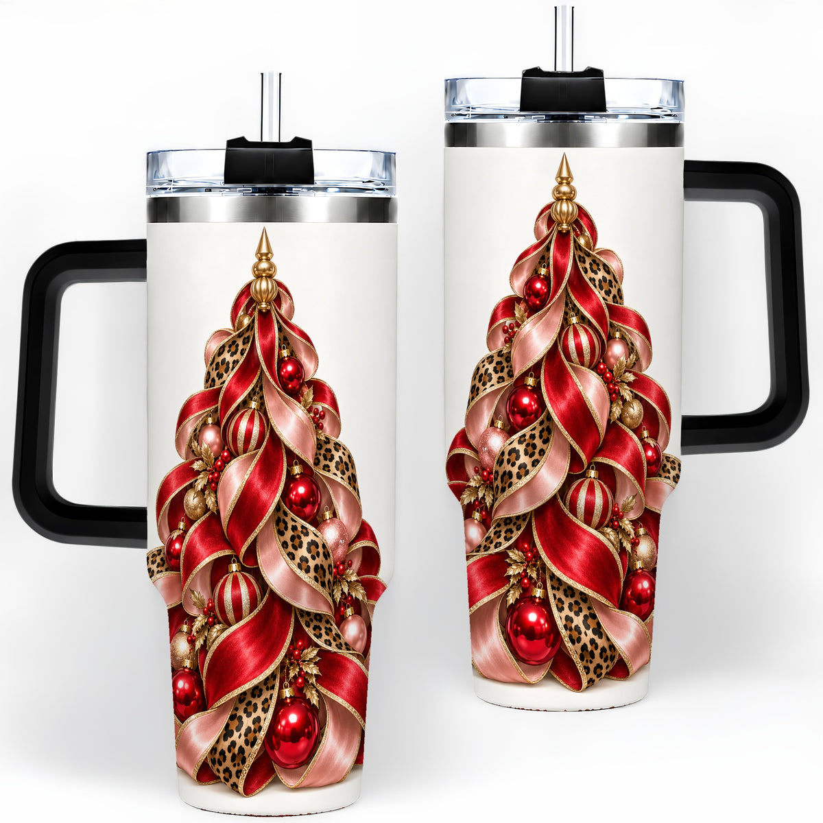 #pl[40oz|Black] Leopard Ribbon Christmas Tree Handled Tumbler, 40oz Holiday Drinkware