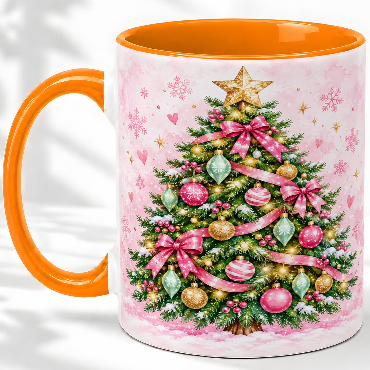 #pl[11oz|Orange] Pink Christmas Tree Accent Mug, Ceramic Coffee Cup with Ornaments