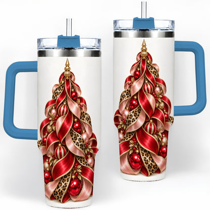 #pl[40oz|Blue] Leopard Ribbon Christmas Tree Handled Tumbler, 40oz Holiday Drinkware