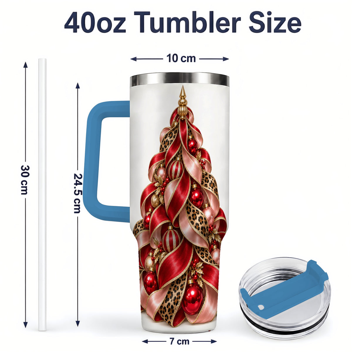 #pl[40oz|Blue] Leopard Ribbon Christmas Tree Handled Tumbler, 40oz Holiday Drinkware