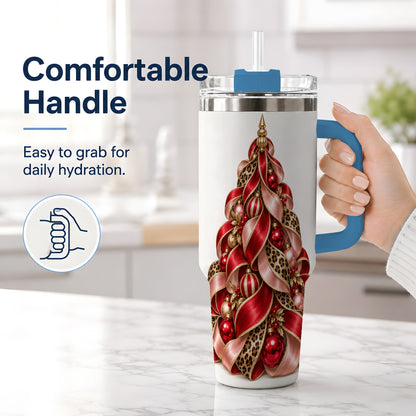 #pl[40oz|Blue] Leopard Ribbon Christmas Tree Handled Tumbler, 40oz Holiday Drinkware