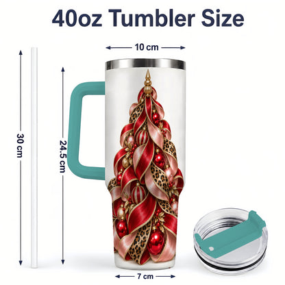 #pl[40oz|Green] Leopard Ribbon Christmas Tree Handled Tumbler, 40oz Holiday Drinkware