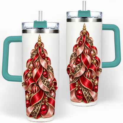 #pl[40oz|Green] Leopard Ribbon Christmas Tree Handled Tumbler, 40oz Holiday Drinkware