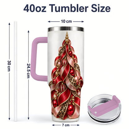 #pl[40oz|Pink] Leopard Ribbon Christmas Tree Handled Tumbler, 40oz Holiday Drinkware