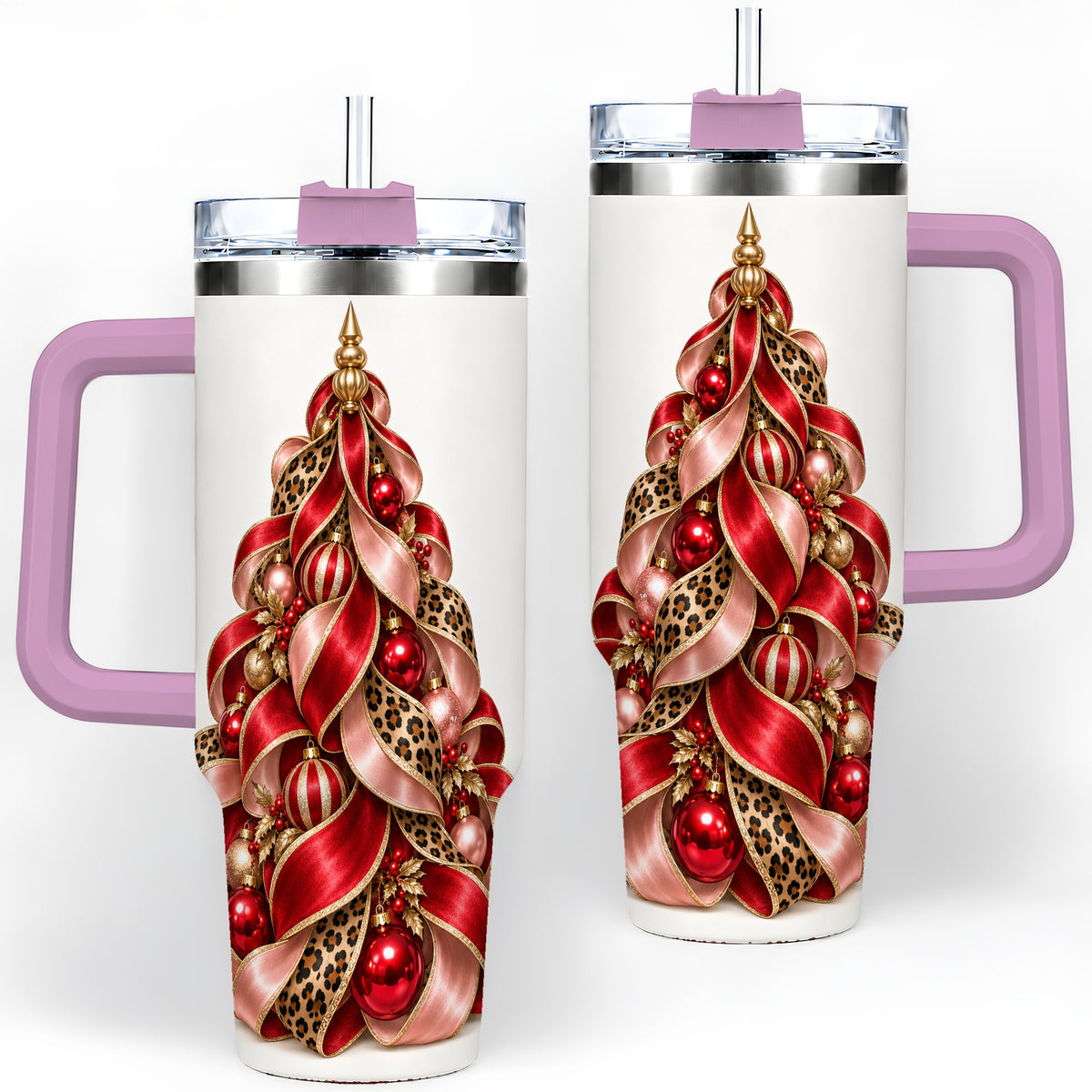 #pl[40oz|Pink] Leopard Ribbon Christmas Tree Handled Tumbler, 40oz Holiday Drinkware