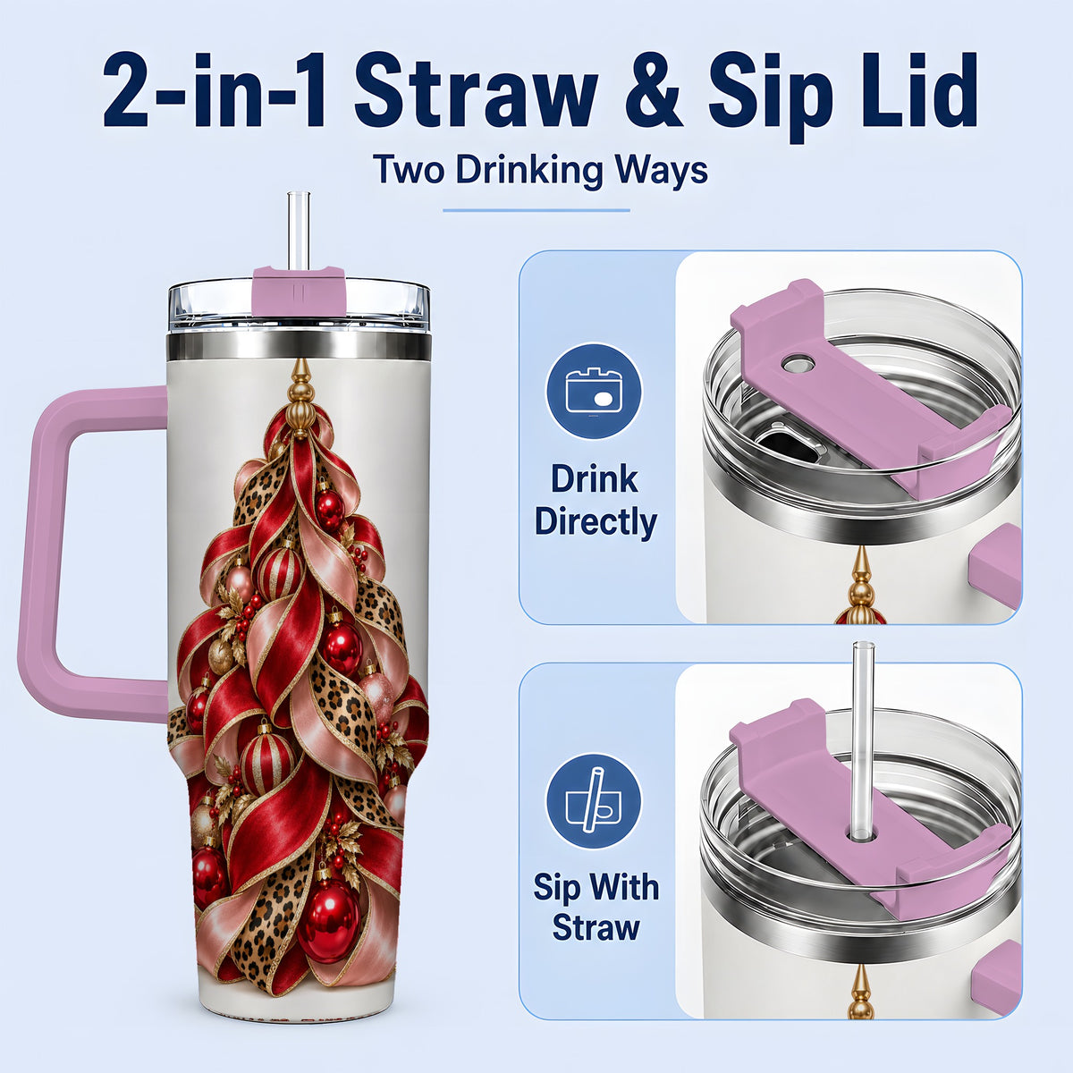 #pl[40oz|Pink] Leopard Ribbon Christmas Tree Handled Tumbler, 40oz Holiday Drinkware