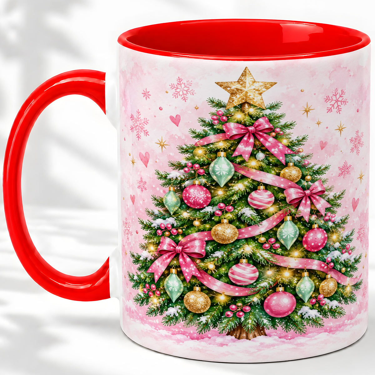 Pink Christmas Tree Accent Mug, Ceramic Coffee Cup with Ornaments