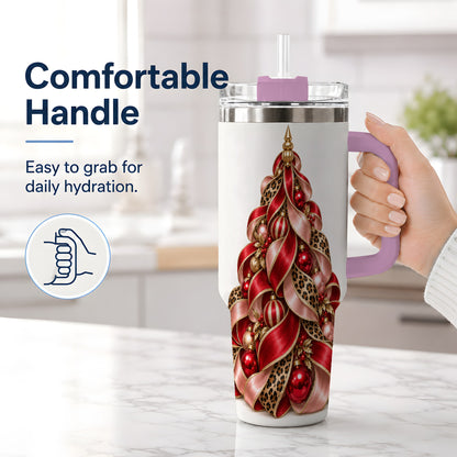 #pl[40oz|Pink] Leopard Ribbon Christmas Tree Handled Tumbler, 40oz Holiday Drinkware