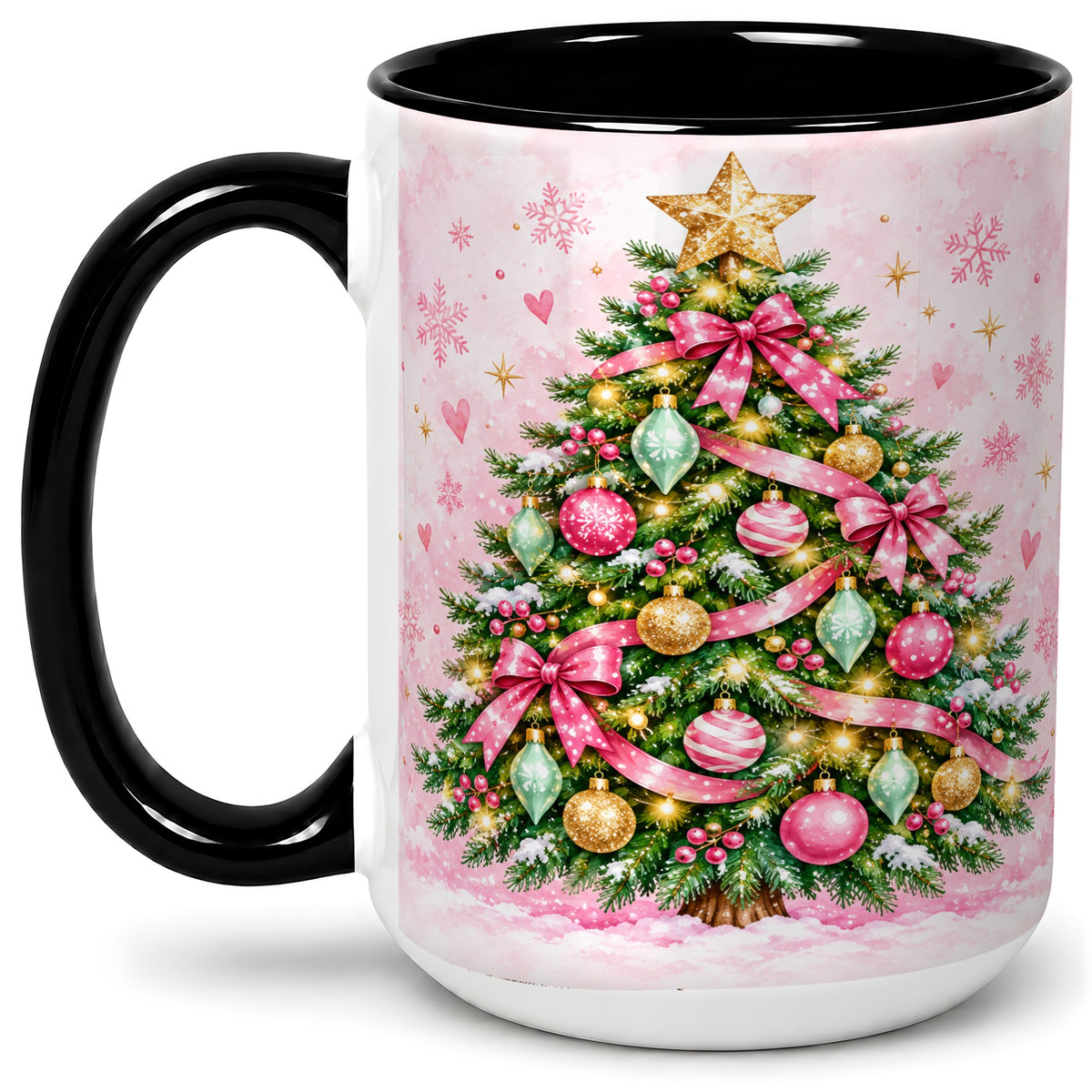 #pl[15oz|Black] Pink Christmas Tree Accent Mug, Ceramic Coffee Cup with Ornaments