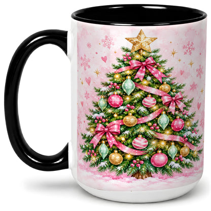 #pl[15oz|Black] Pink Christmas Tree Accent Mug, Ceramic Coffee Cup with Ornaments