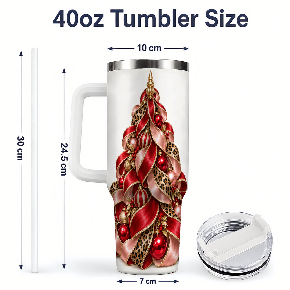 #pl[40oz|White] Leopard Ribbon Christmas Tree Handled Tumbler, 40oz Holiday Drinkware