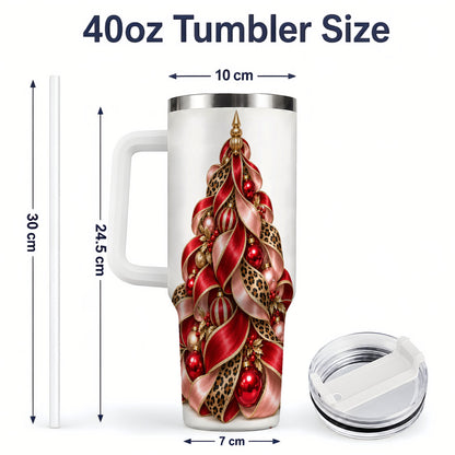 #pl[40oz|White] Leopard Ribbon Christmas Tree Handled Tumbler, 40oz Holiday Drinkware