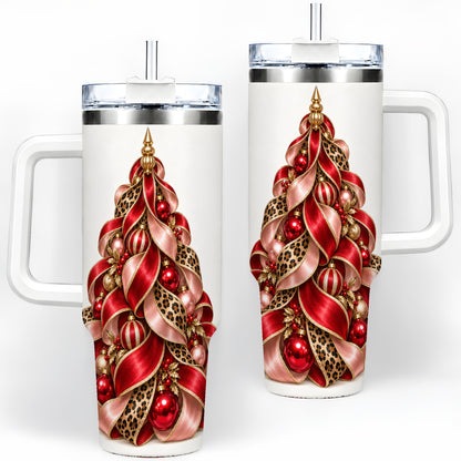 Leopard Ribbon Christmas Tree Handled Tumbler, 40oz Holiday Drinkware