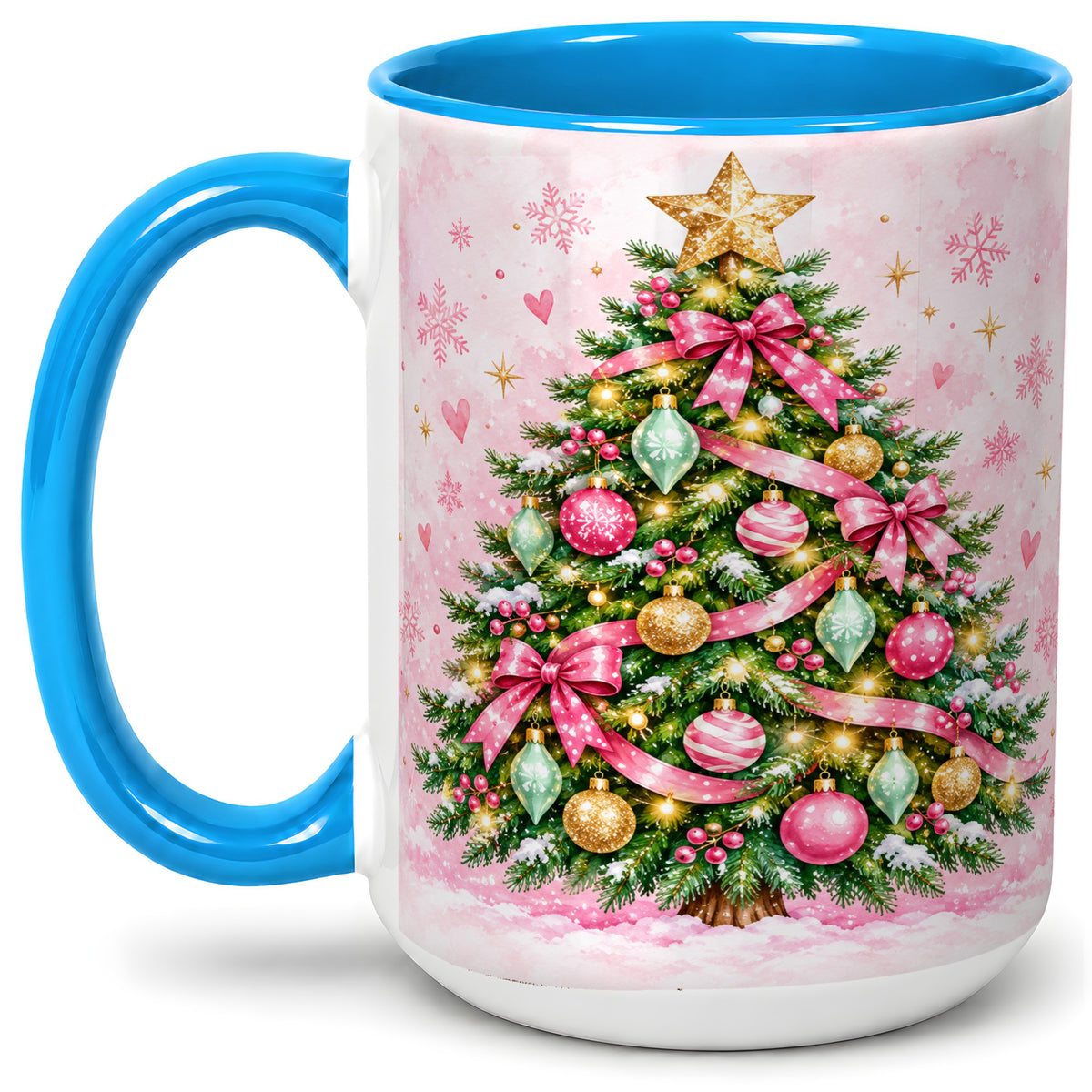#pl[15oz|Blue] Pink Christmas Tree Accent Mug, Ceramic Coffee Cup with Ornaments