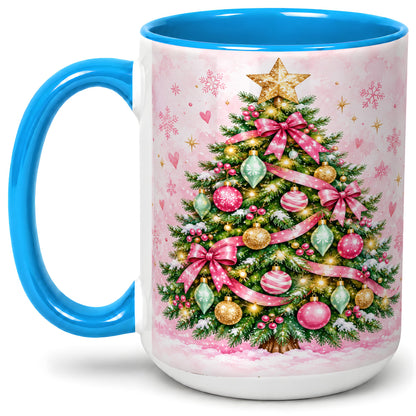 #pl[15oz|Blue] Pink Christmas Tree Accent Mug, Ceramic Coffee Cup with Ornaments