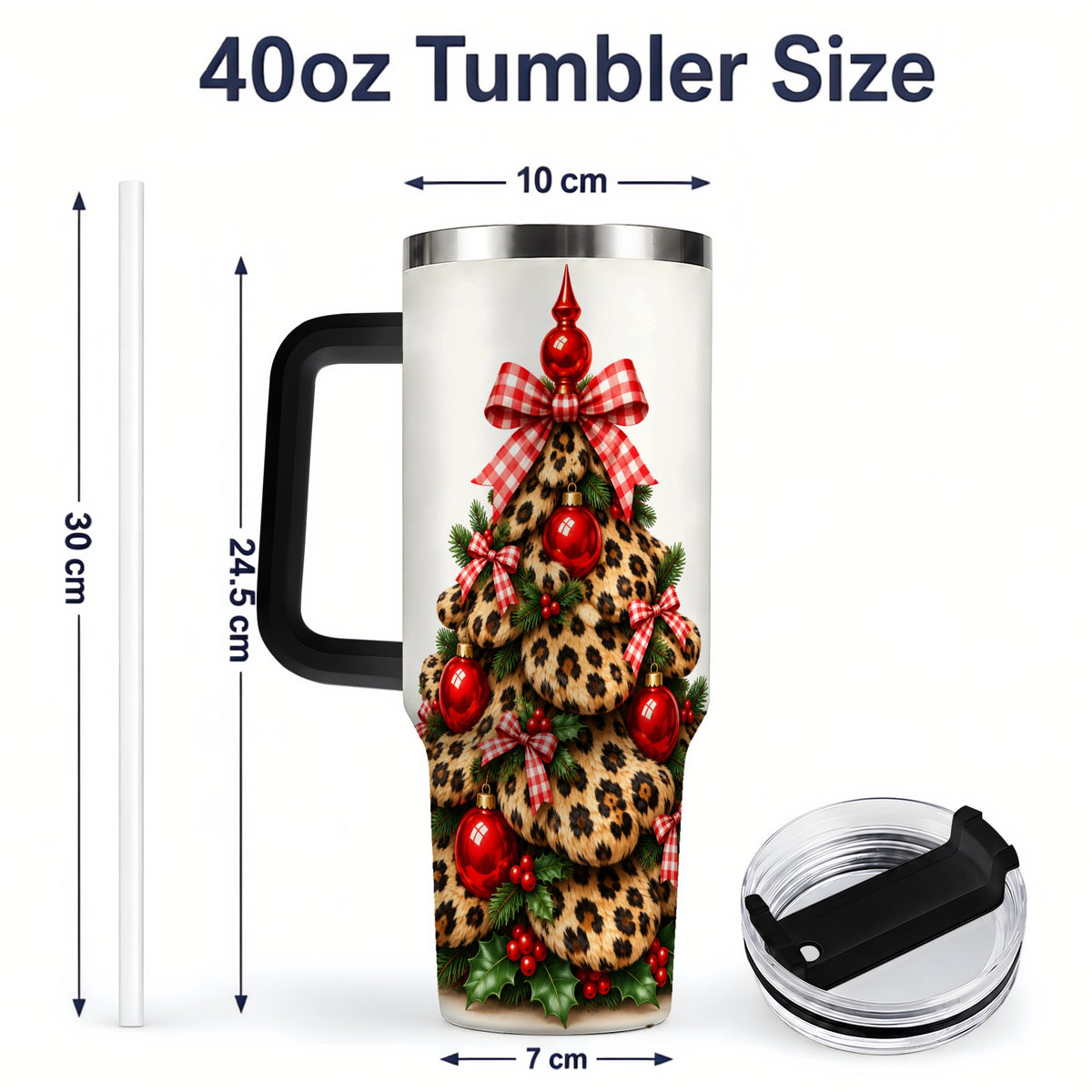 #pl[40oz|Black] Leopard Christmas Tree 40oz Handled Tumbler, Holiday Plaid Bow Design