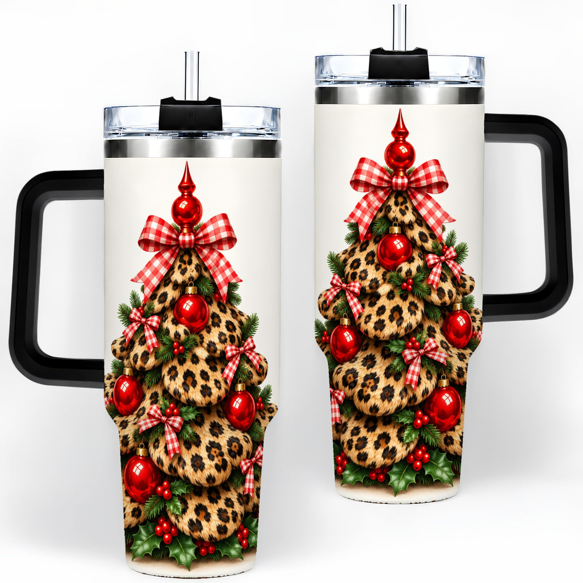 #pl[40oz|Black] Leopard Christmas Tree 40oz Handled Tumbler, Holiday Plaid Bow Design