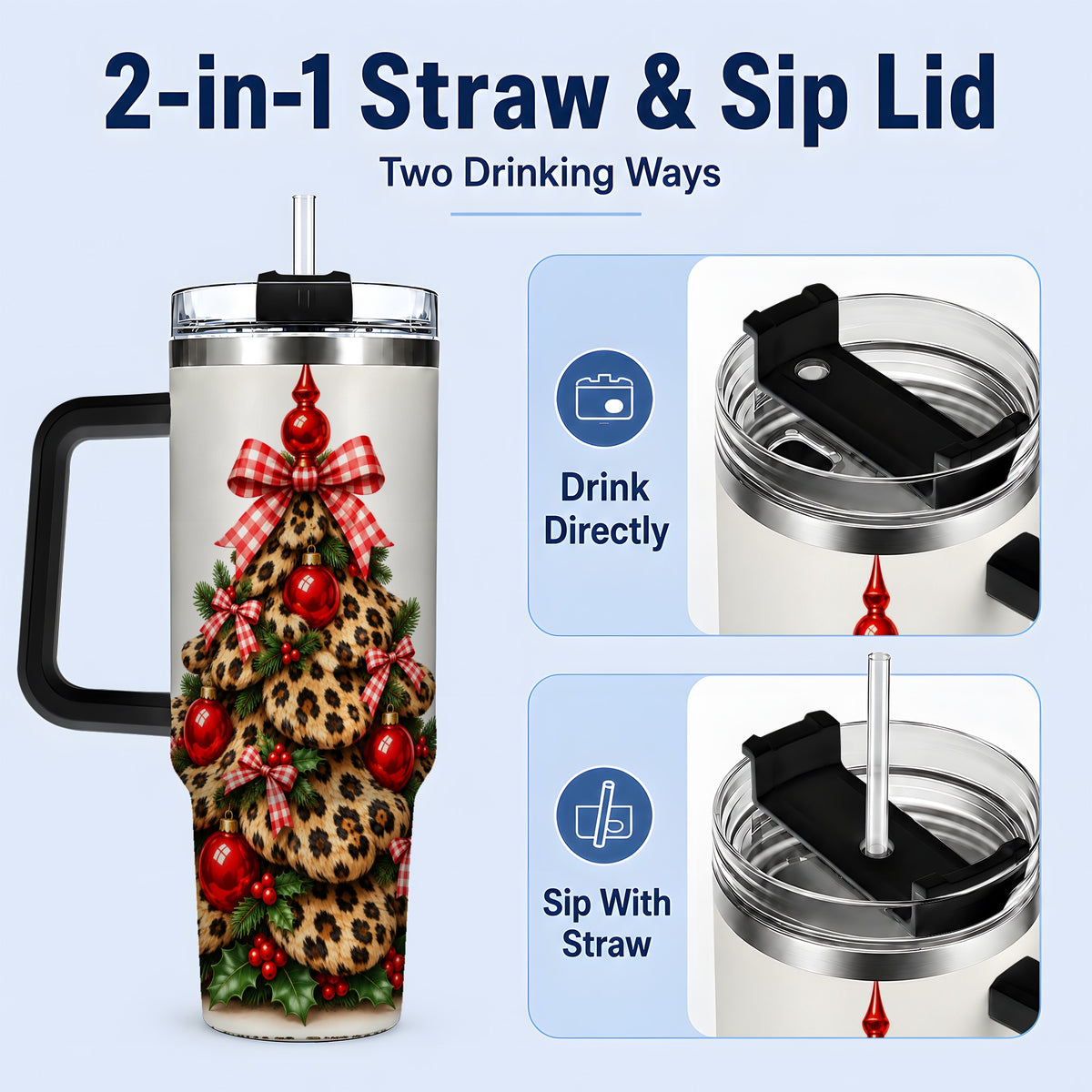 #pl[40oz|Black] Leopard Christmas Tree 40oz Handled Tumbler, Holiday Plaid Bow Design