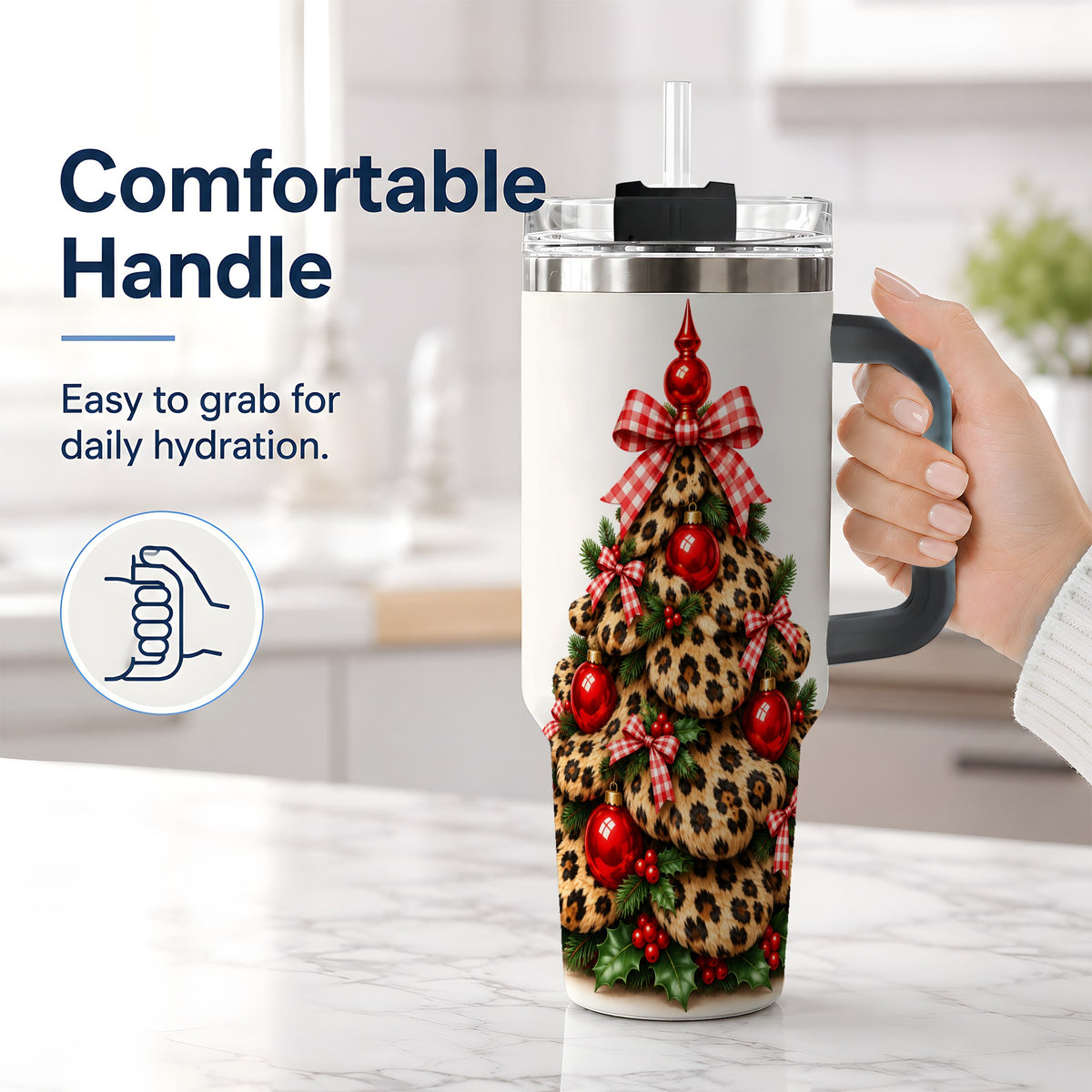 #pl[40oz|Black] Leopard Christmas Tree 40oz Handled Tumbler, Holiday Plaid Bow Design