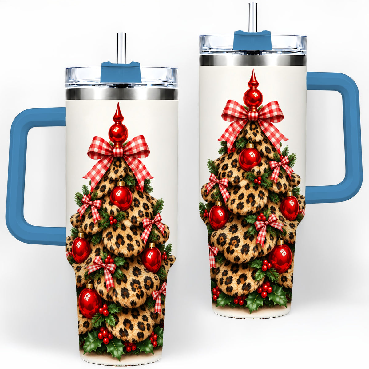 #pl[40oz|Blue] Leopard Christmas Tree 40oz Handled Tumbler, Holiday Plaid Bow Design