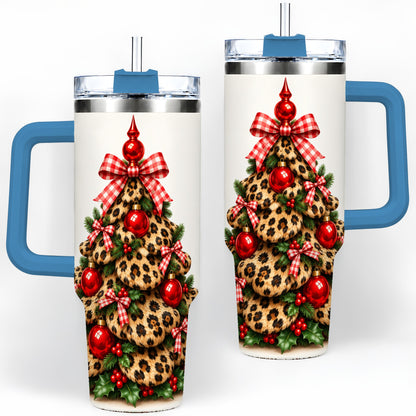 #pl[40oz|Blue] Leopard Christmas Tree 40oz Handled Tumbler, Holiday Plaid Bow Design