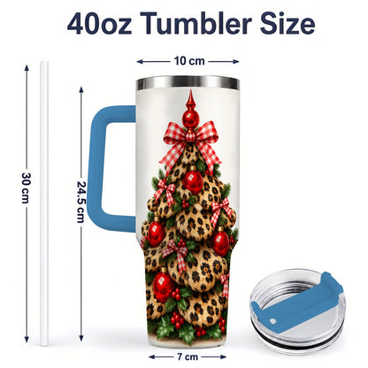 #pl[40oz|Blue] Leopard Christmas Tree 40oz Handled Tumbler, Holiday Plaid Bow Design