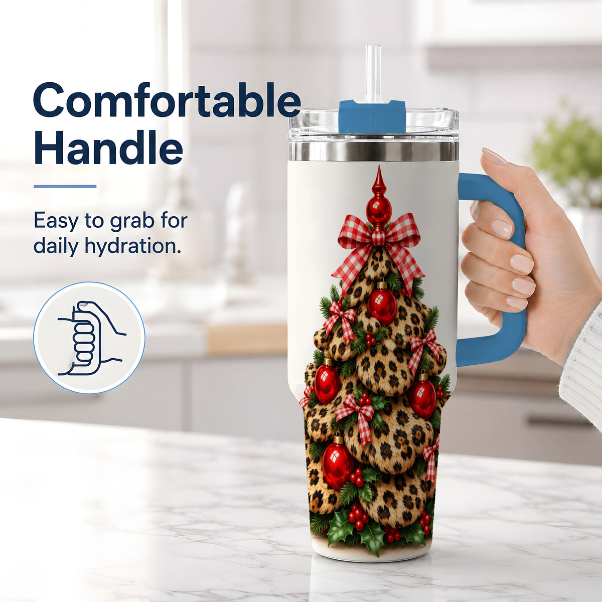 #pl[40oz|Blue] Leopard Christmas Tree 40oz Handled Tumbler, Holiday Plaid Bow Design