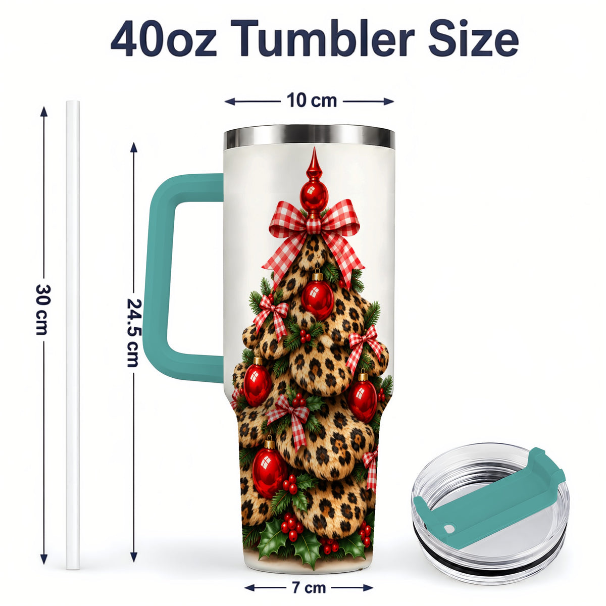 #pl[40oz|Green] Leopard Christmas Tree 40oz Handled Tumbler, Holiday Plaid Bow Design