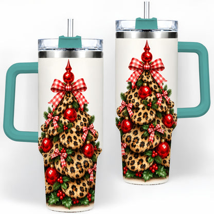 #pl[40oz|Green] Leopard Christmas Tree 40oz Handled Tumbler, Holiday Plaid Bow Design