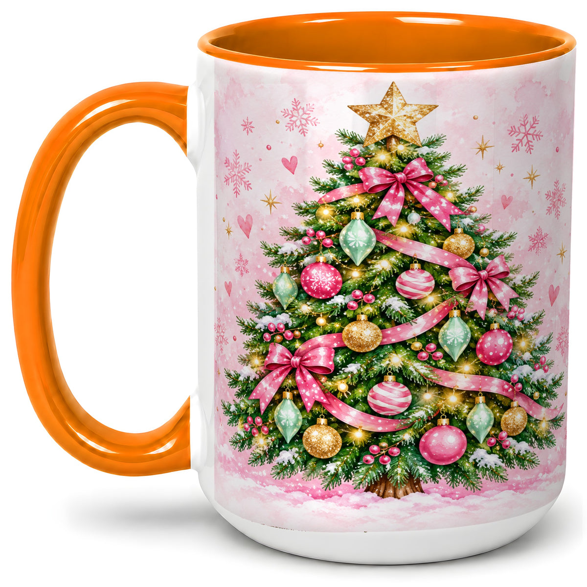 #pl[15oz|Orange] Pink Christmas Tree Accent Mug, Ceramic Coffee Cup with Ornaments