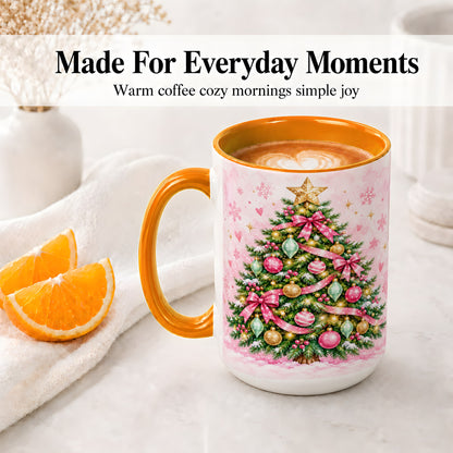 #pl[15oz|Orange] Pink Christmas Tree Accent Mug, Ceramic Coffee Cup with Ornaments