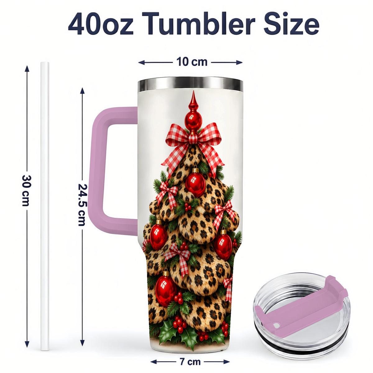 #pl[40oz|Pink] Leopard Christmas Tree 40oz Handled Tumbler, Holiday Plaid Bow Design