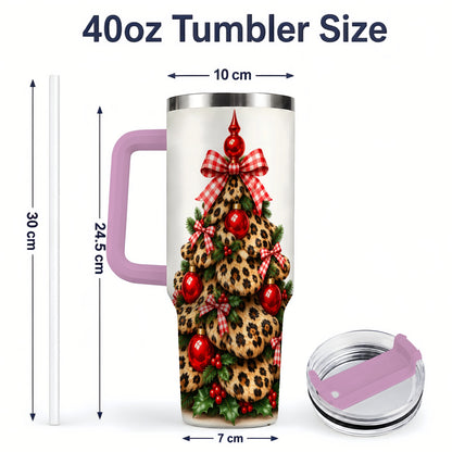 #pl[40oz|Pink] Leopard Christmas Tree 40oz Handled Tumbler, Holiday Plaid Bow Design