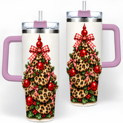 #pl[40oz|Pink] Leopard Christmas Tree 40oz Handled Tumbler, Holiday Plaid Bow Design