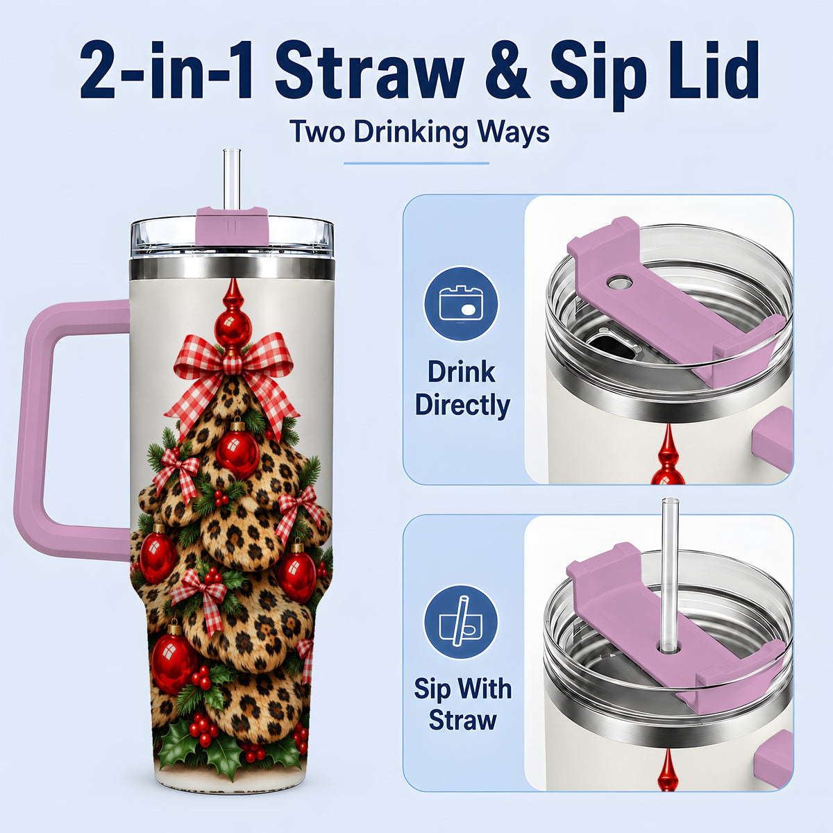 #pl[40oz|Pink] Leopard Christmas Tree 40oz Handled Tumbler, Holiday Plaid Bow Design