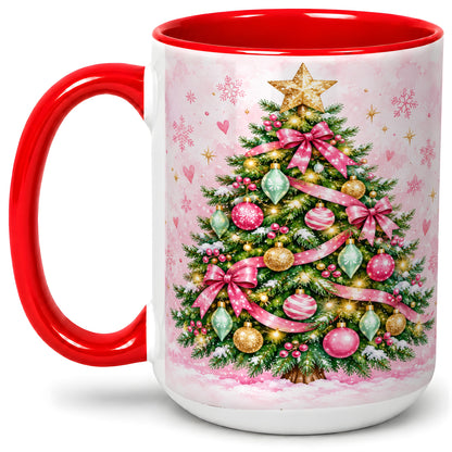 #pl[15oz|Red] Pink Christmas Tree Accent Mug, Ceramic Coffee Cup with Ornaments