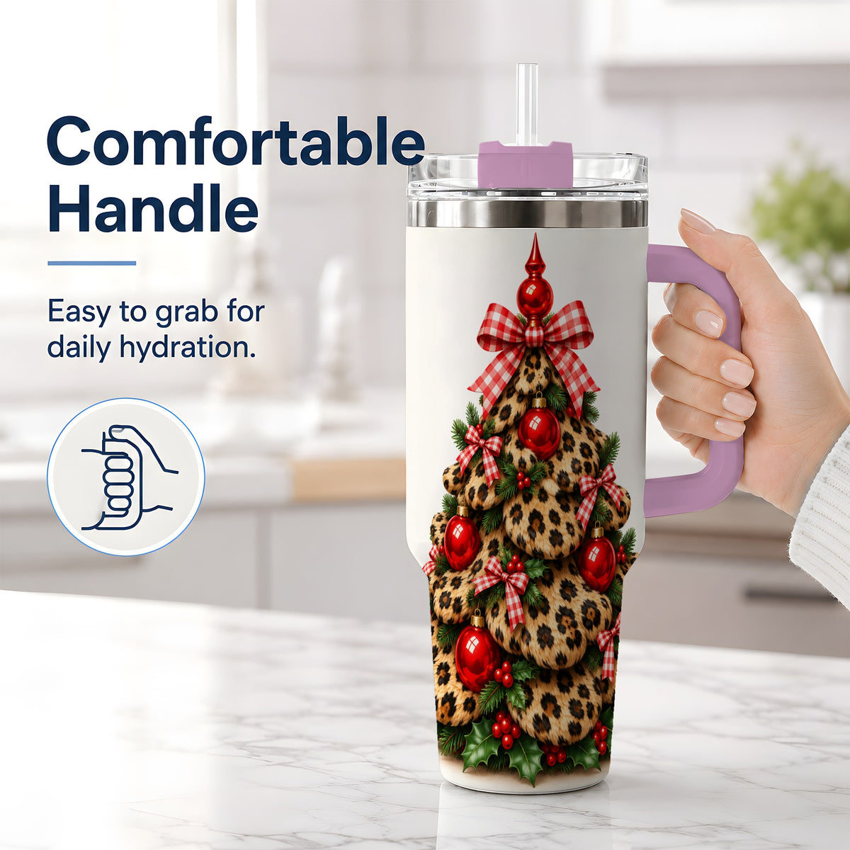 #pl[40oz|Pink] Leopard Christmas Tree 40oz Handled Tumbler, Holiday Plaid Bow Design