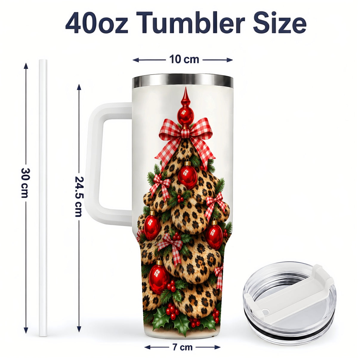 #pl[40oz|White] Leopard Christmas Tree 40oz Handled Tumbler, Holiday Plaid Bow Design