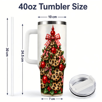#pl[40oz|White] Leopard Christmas Tree 40oz Handled Tumbler, Holiday Plaid Bow Design
