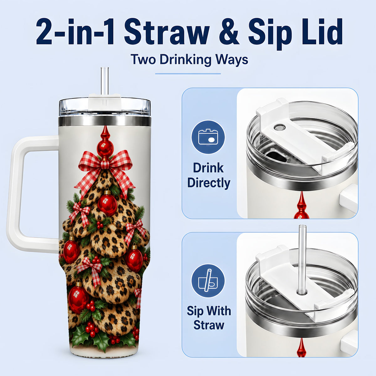 #pl[40oz|White] Leopard Christmas Tree 40oz Handled Tumbler, Holiday Plaid Bow Design