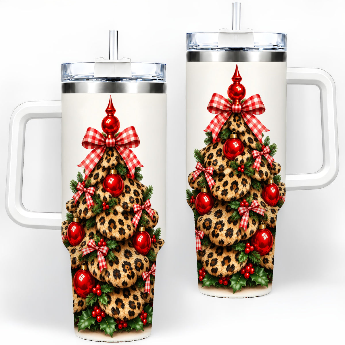 Leopard Christmas Tree 40oz Handled Tumbler, Holiday Plaid Bow Design