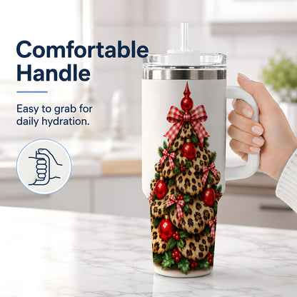 #pl[40oz|White] Leopard Christmas Tree 40oz Handled Tumbler, Holiday Plaid Bow Design