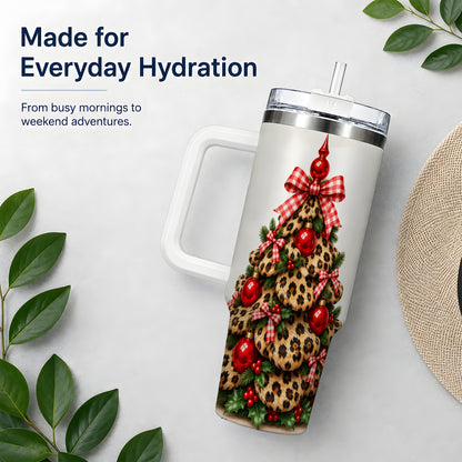 Leopard Christmas Tree 40oz Handled Tumbler, Holiday Plaid Bow Design
